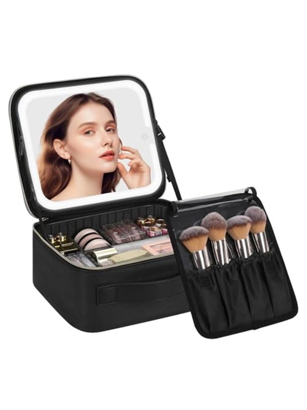 Makeup Bag LED Lighted Mirror Travel Case Cosmetic Organizer Brush Holder Black